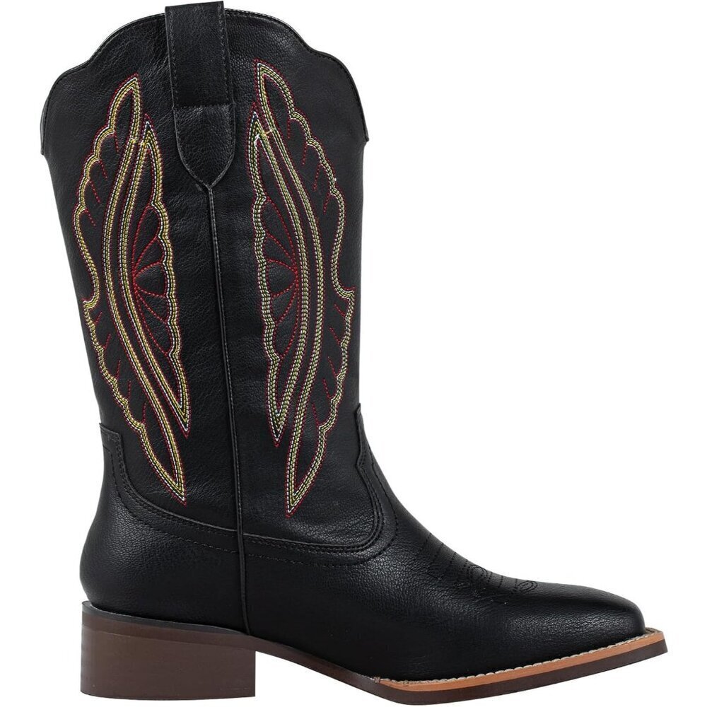 SheSole Western Boots Women Black Tan Faux Leather Square Toe Wide Mid Calf - Picture 8 of 9